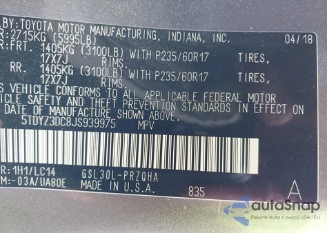 2018 Toyota Sienna Xle 8 Passenger from USA, damaged, VIN 5TDYZ3DC8JS939975